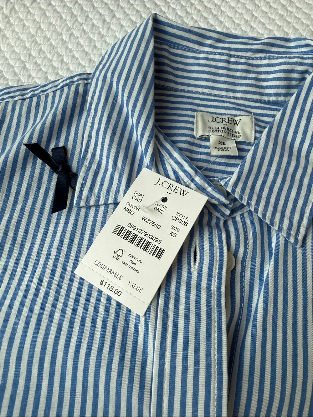 NWT J. Crew Blue and White Striped bow button-up shirt, Size XS